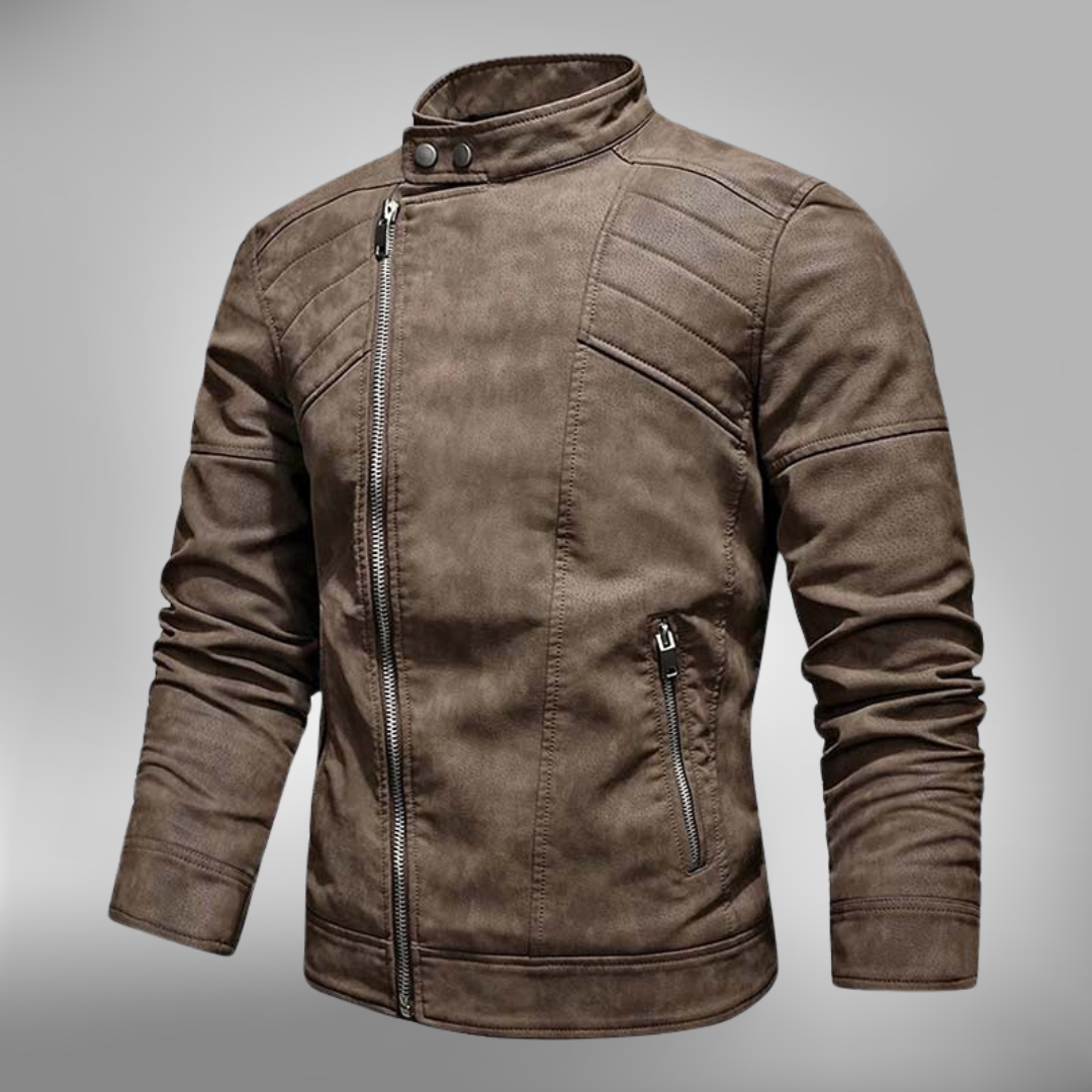Herrjacka i bikerstil – Slim Fit – Quiltade axlar – Sned dragkedja – Ståkrage med tryckknapp