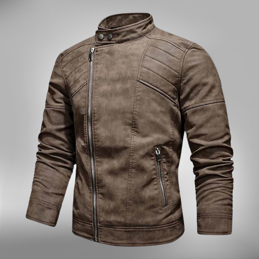 Herrjacka i bikerstil – Slim Fit – Quiltade axlar – Sned dragkedja – Ståkrage med tryckknapp