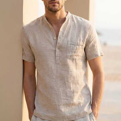 Men’s Casual Linen Blend Short Sleeve Henley Shirt with Relaxed Fit