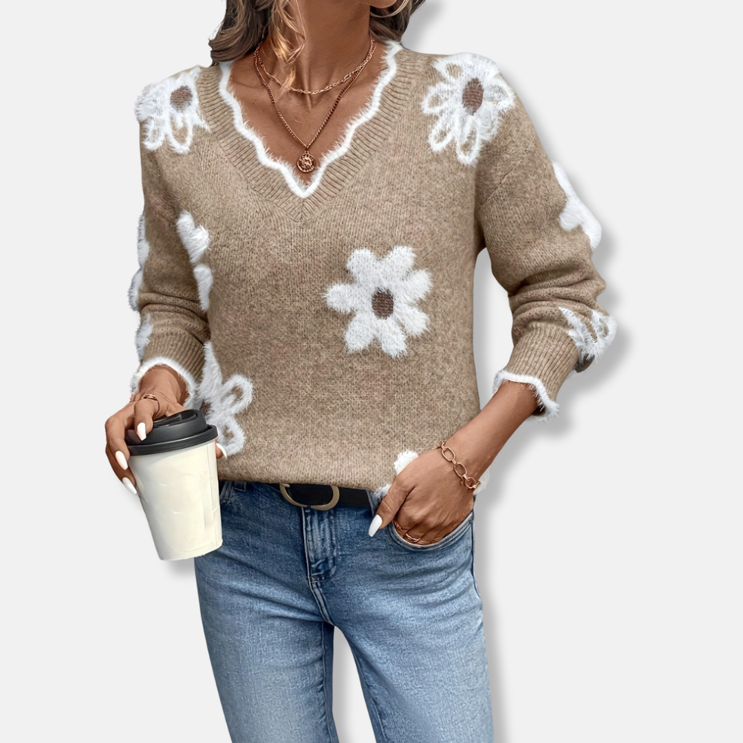 Dam Sweatshirt – Avslappnad Passform – Blommigt Jacquardmönster – Ribbade Muddar