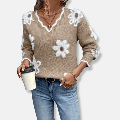 Dam Sweatshirt – Avslappnad Passform – Blommigt Jacquardmönster – Ribbade Muddar