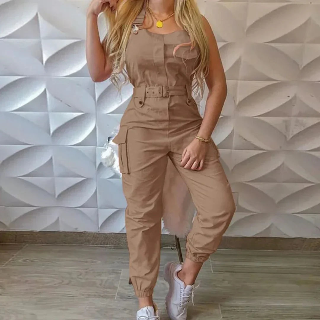 Dam Jumpsuit – Figursydd Passform – Ärmfri – Midjebälte – Cargo Fickor – Avsmalnande Ben