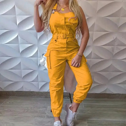 Dam Jumpsuit – Figursydd Passform – Ärmfri – Midjebälte – Cargo Fickor – Avsmalnande Ben