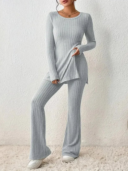 Kvinnors Stickat Set – Ribbad Tunika med Sidorslits – Stretchiga Leggings