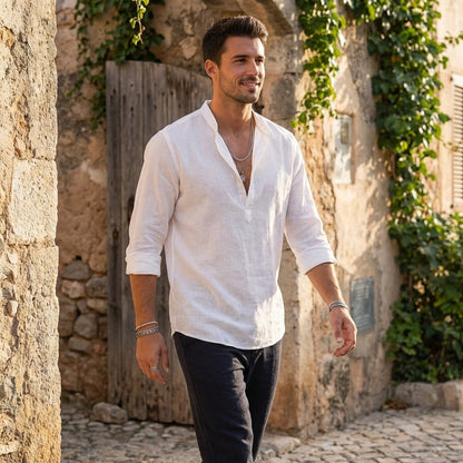 Men’s Lightweight Linen Shirt with Band Collar and Relaxed Fit