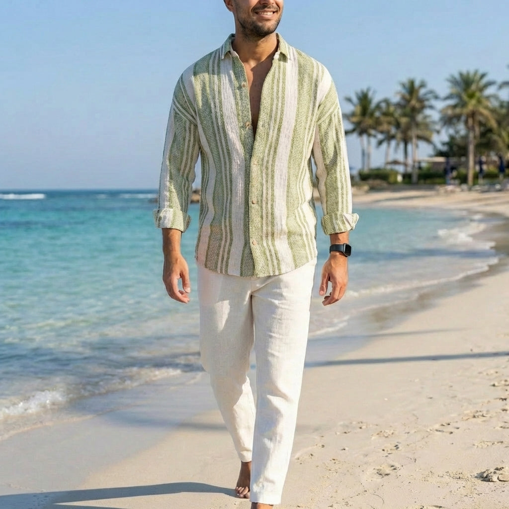 Men’s Lightweight Striped Linen Shirt with Relaxed Button-Up Fit