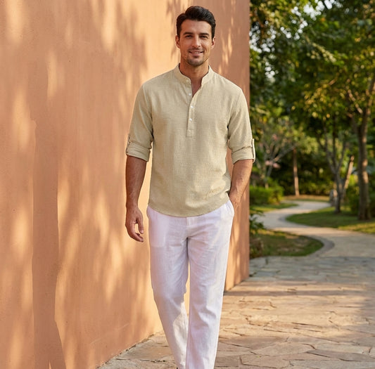 Men’s Lightweight Textured Shirt with Band Collar and Relaxed Fit