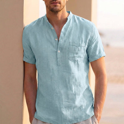 Men’s Casual Linen Blend Short Sleeve Henley Shirt with Relaxed Fit