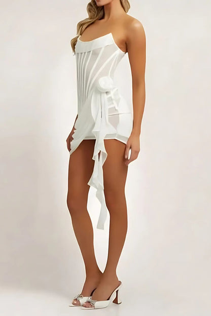 Damklänning – Miniklänning – Figurnära Passform – Axelbandslös – Transparent Mesh – Korskonstruktion – Draperad Rosett-Detalj