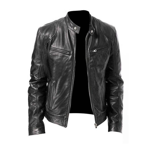 Herrjacka i Läder – Slim Fit – Ståkrage – Dragkedjefickor – Strukturerad Stil