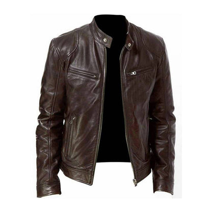 Herrjacka i Läder – Slim Fit – Ståkrage – Dragkedjefickor – Strukturerad Stil