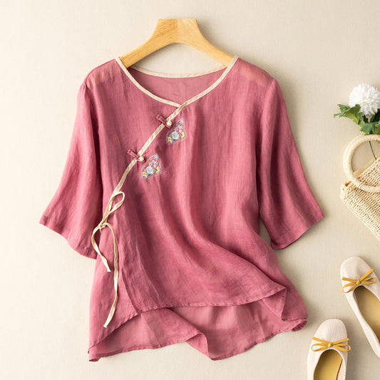 Blus för dam – Lös passform – Broderad – Kort ärm – Naturfiber – Knytning fram