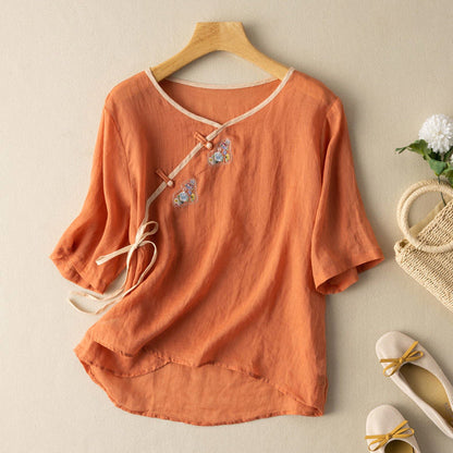 Blus för dam – Lös passform – Broderad – Kort ärm – Naturfiber – Knytning fram