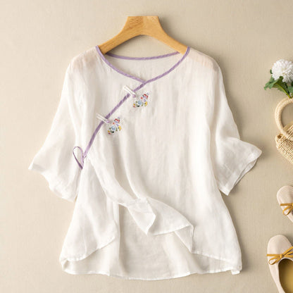 Blus för dam – Lös passform – Broderad – Kort ärm – Naturfiber – Knytning fram