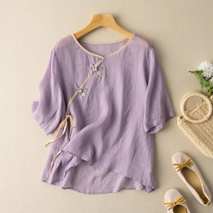 Blus för dam – Lös passform – Broderad – Kort ärm – Naturfiber – Knytning fram