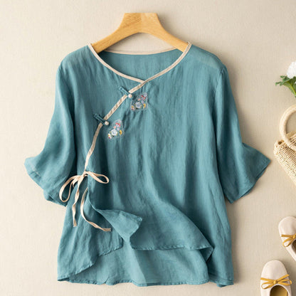 Blus för dam – Lös passform – Broderad – Kort ärm – Naturfiber – Knytning fram