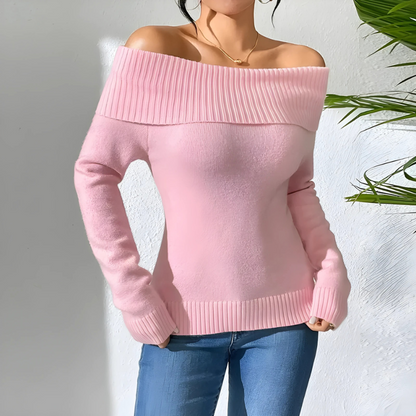 Damtröja – Off-Shoulder – Slim Fit – Lång Ärmslut med Ribbstickning – Mjuk Ullblandning