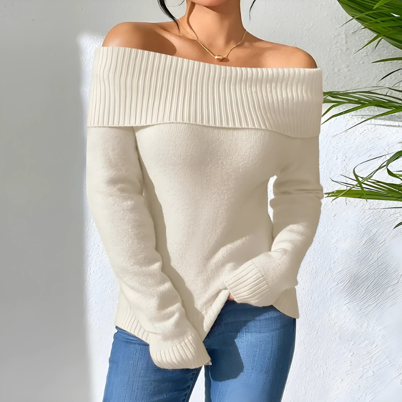 Damtröja – Off-Shoulder – Slim Fit – Lång Ärmslut med Ribbstickning – Mjuk Ullblandning