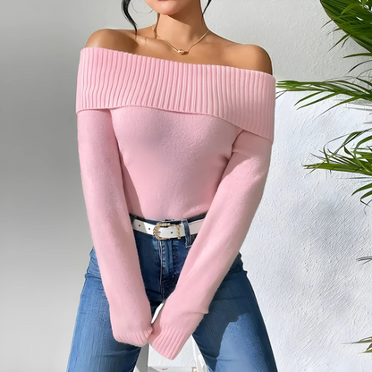 Damtröja – Off-Shoulder – Slim Fit – Lång Ärmslut med Ribbstickning – Mjuk Ullblandning