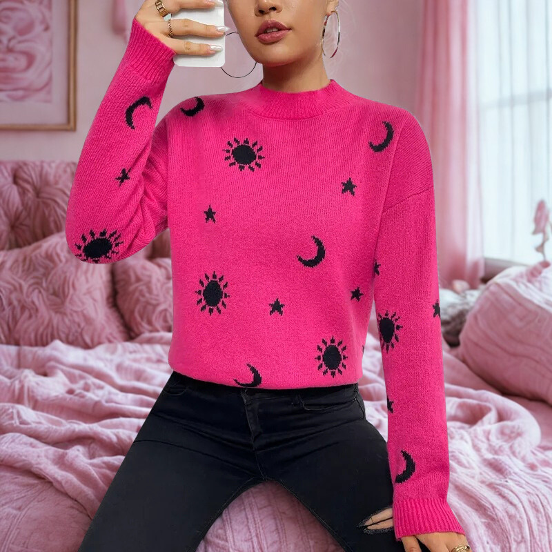 Damtröja – Avslappnad Passform – Jacquardstickad – Rund Hals – Lång Ärm – Svampmotiv