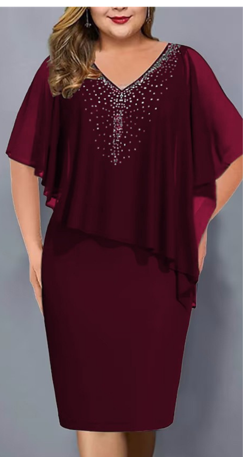 Damklänning – Slim Fit – Lager-på-lager-design – V-ringning med Detaljer – Knälängd