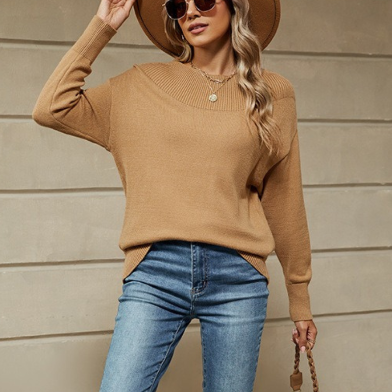 Damtröja – Stickad Pullover – Lös Passform – Ribbad Båthals – Lång Ärmlängd