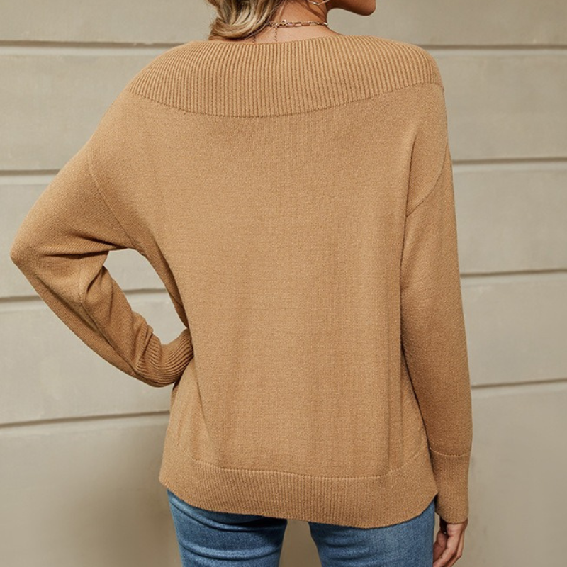 Damtröja – Stickad Pullover – Lös Passform – Ribbad Båthals – Lång Ärmlängd