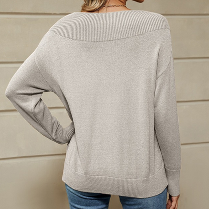 Damtröja – Stickad Pullover – Lös Passform – Ribbad Båthals – Lång Ärmlängd