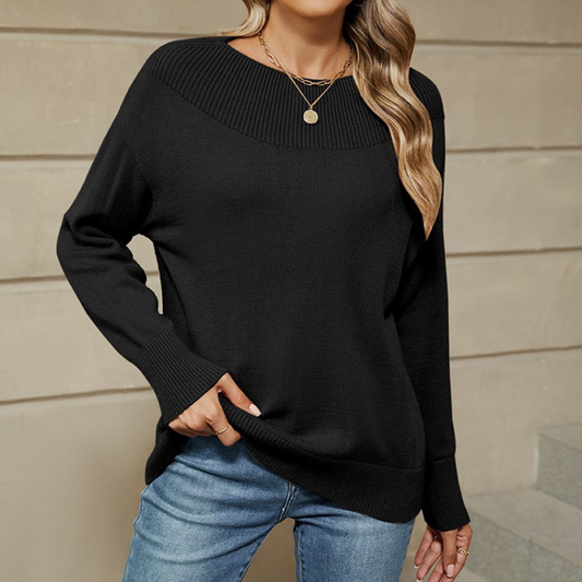 Damtröja – Stickad Pullover – Lös Passform – Ribbad Båthals – Lång Ärmlängd