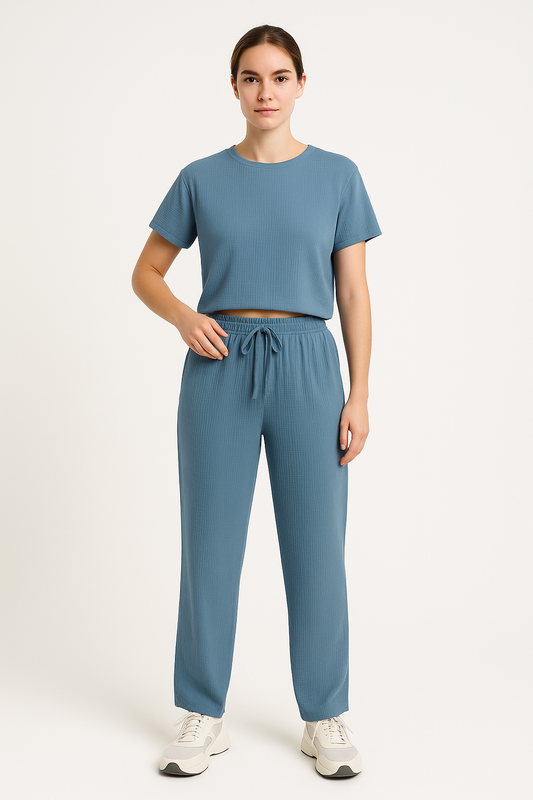 Dam Lounge Set – Kortärmad Topp – Croppad Passform – Vida Byxor – Mjuk Andningsbar Textil