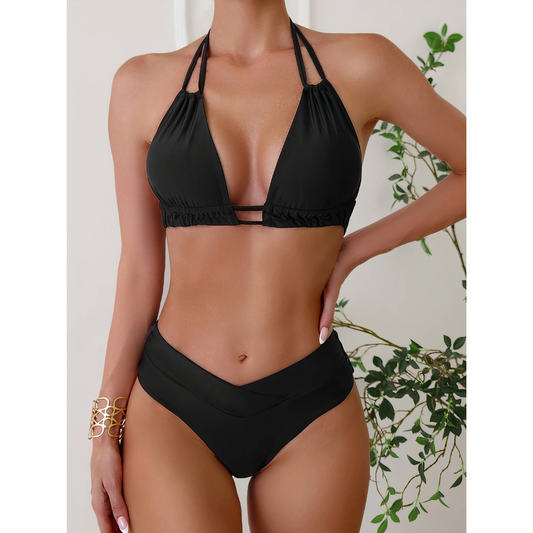 Dam Bikini Set – Halterneck Topp – Hög Midja V-Skuren – Smickrande Passform – Stretchigt Andningsbart Material