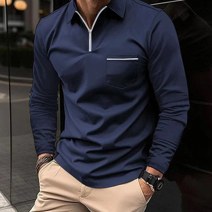 Herr Pikétröja – Långärmad – Halvdragkedja – Slim Fit – Bröstficka