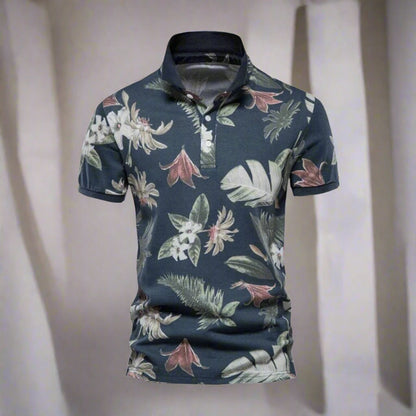 Herr Piké Polo - Andningsbar Bomull - Slim Fit - Tropiskt Blommönster - Kortärmad