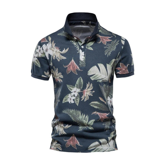 Herr Pikétröja - Tropiskt Blommönster - Kortärmad - Regular Passform