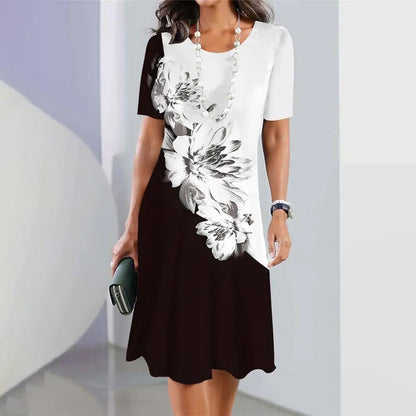 Damtunika Klänning – Knälång A-linje – Kortärmad Rund Hals – Elegant Mönstrad