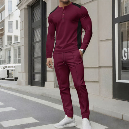 Herr Träningsset – Slim Fit – Långärmad Henley – Avsmalnande Joggerbyxor