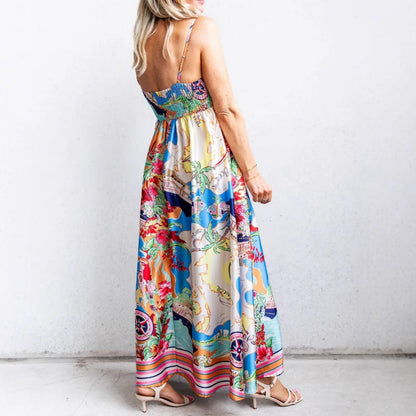 Damklänning maxi – Lätt bomull – Flowy passform – Hög midja – Spagettiaxelband – Mönstrad