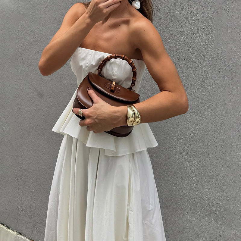 Damklänning maxi – ärmlös axelbandslös – peplumliv – luftig A-linjeform