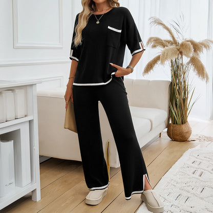 Dam Lounge Set – Stickad – Avslappnad Passform – Vida Byxor – Kontrastdetaljer