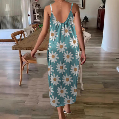 Damklänning maxi – avslappnad passform – tunna axelband – blommigt mönster – andningsbar mix