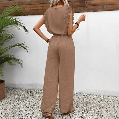 Dam Loungewear Set – Ärmlös Spetsdetalj Topp – Vida Byxor – Dragsko Midja