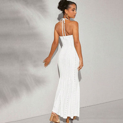 Damklänning – Slim Fit – Halterneck – Virkad Design – Golvlång med Sjöjungfrufåll