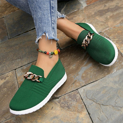 Damloafers – Mjuk Stickad Slip-on – Rund Tå – Kedjedetalj – Andningsbar Komfort