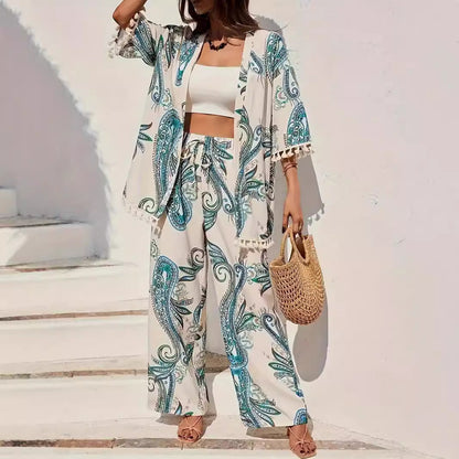 Dam Kimono Set – Vida Byxor – Paisleymönster – Fransdetaljer – Andningsbar Mix