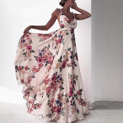 Damklänning maxi – A-linjeformad passform – Ärmös rygglös – Blommigt tryck bomull