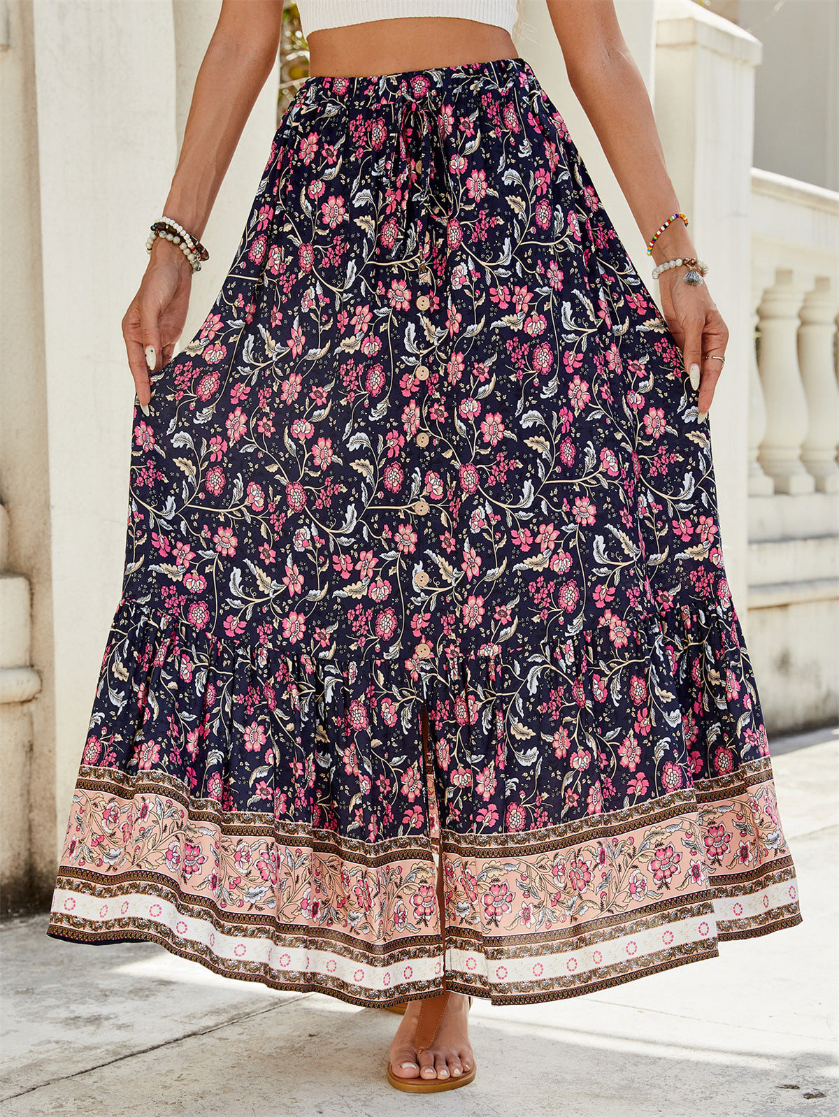 Dam Maxi Kjol – Flowy Passform – Bohemisk Tierad Design – Blommigt Mönster – Naturfibrer