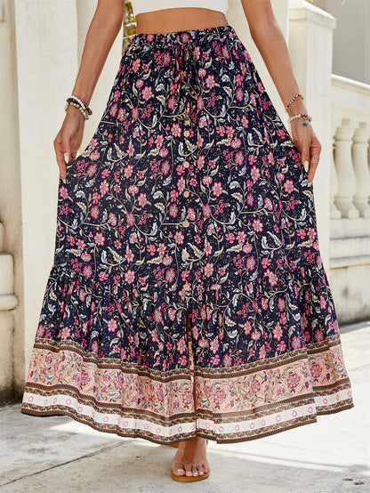 Dam Maxi Kjol – Flowy Passform – Bohemisk Tierad Design – Blommigt Mönster – Naturfibrer