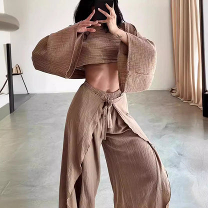 Damset – Linneblandning – Vidärmad Kort Top – Vida Byxor med Volang – Avslappnad Passform