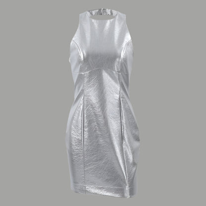 Damklänning – Bodycon PU-läder – Ärmös – Rund Hals – Mini – Figurnära Passform