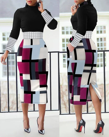 Damklänning Midi – Slim Fit – Prickigt Mönster – Långärmar – Slits Bak